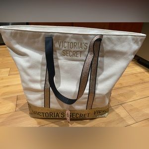 Victoria's Secret Sparkle Tote Beige Canvas Glittered Gold Purse Shoulder Bag